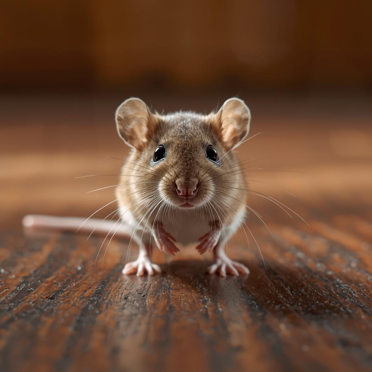A small brown house mouse standing on a wooden floor, close-up front-facing view. The mouse is sharply in focus, showing fine fur texture, whiskers, ears, paws, tail.