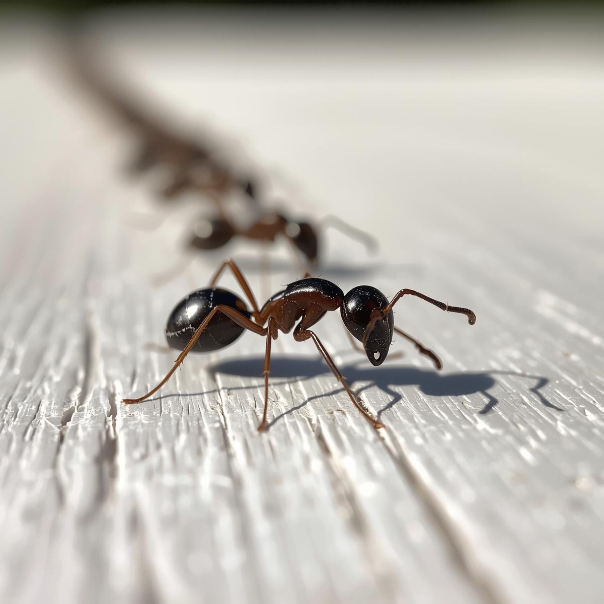 Black ants walking in a line across a white wooden surface.
