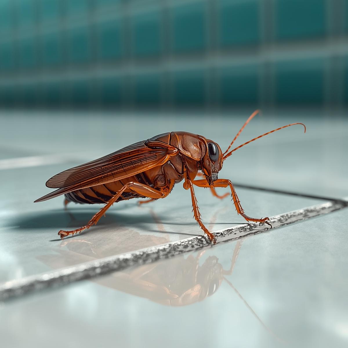 a brown cockroach standing on a glossy white tiled surface, side profile view.